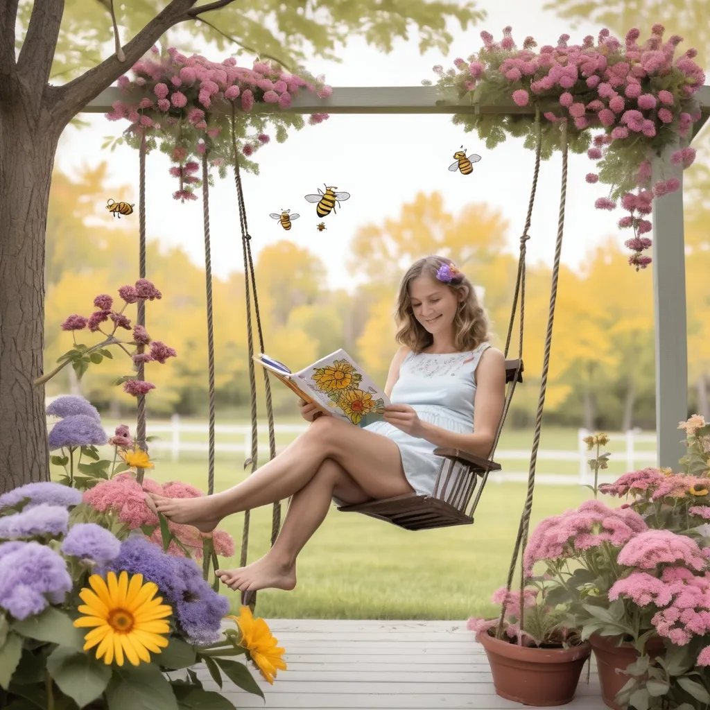 Prompt: female in swing on porch using coloring book, background flowers, trees and honey bees