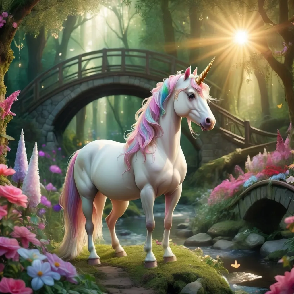 Prompt: Beautiful Unicorn in a mystical forest surrounded by flowers, trees, bridge and sunshine