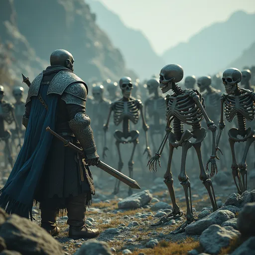 Prompt: In the Skyrim inspired universe. A warrior faces off against an army of skeleton warriors