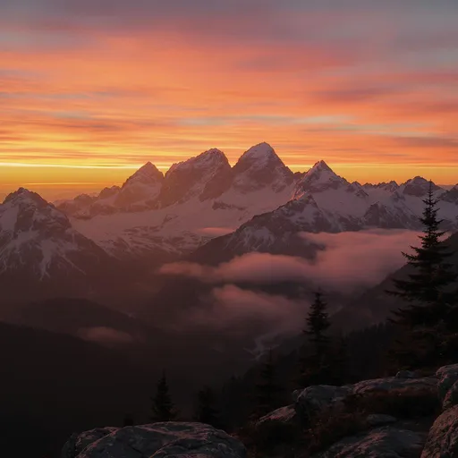 Prompt: a beautiful sunset over the mountain range,  loght glistening off the snow