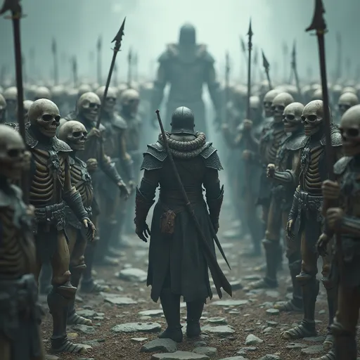 Prompt: In the Skyrim inspired universe. A warrior faces off against an army of skeleton warriors
