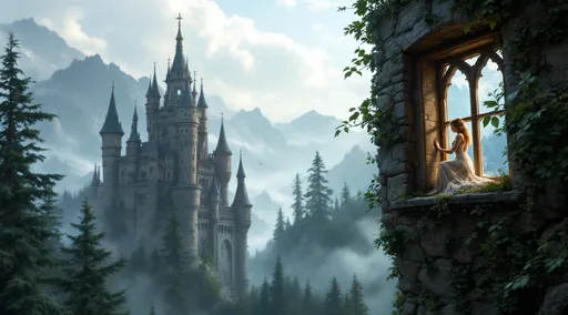 Prompt: a fantasy setting of a woman in a window of a castle