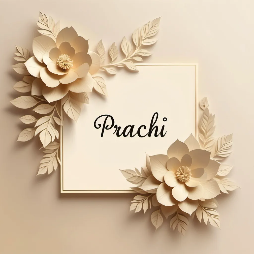 Prompt: spell name "Prachi" in a light gold in a aesthetic way, with aesthetic flower background and off white background shades having paper like look