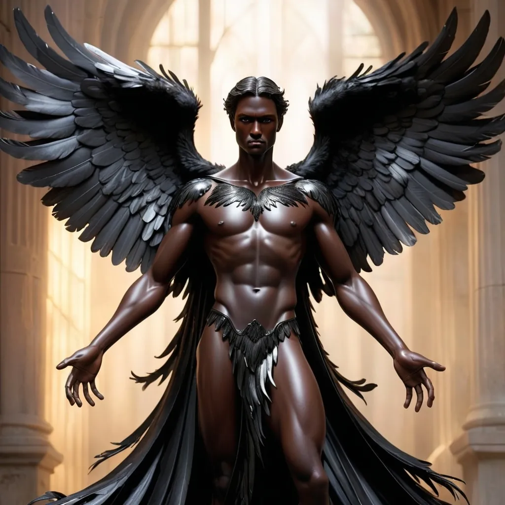 Prompt: "A dark, realistic angel, man, with black, metallic feathers on its outstretched wings. The angel's body is sleek and shiny, covered in dark black skin with a slightly metallic sheen. The wings are large, wide, and majestic, formed from intricate, black metallic feathers that resemble sharp, sculptural metal pieces, reflecting light in a mysterious and dramatic way. The overall atmosphere is dark, ethereal, and powerful, with a sense of otherworldly strength and beauty."