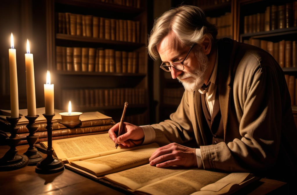 Prompt: A historian surrounded by ancient scrolls and books, carefully examining a dusty, old manuscript in a dimly lit study, illuminated by candlelight.