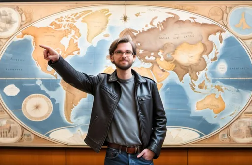 Prompt: A historian in a leather jacket, standing in front of a large map of the world, pointing to historical landmarks, with a backdrop of a modern library filled with books