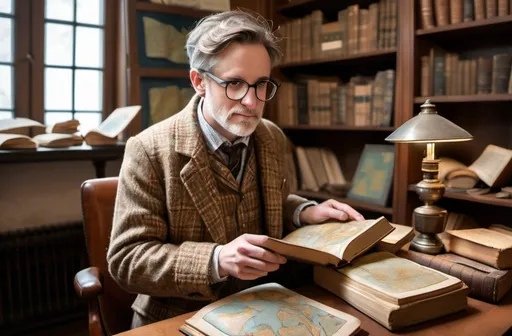 Prompt: A historian, in a tweed jacket and glasses, holding an old, weathered book with historical maps, surrounded by artifacts from different time periods in a cozy study