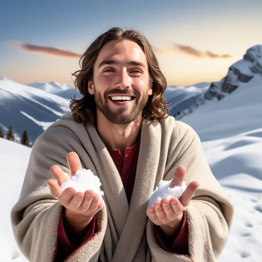 Prompt: A cheerful man resembling Jesus, wrapped in warm winter clothing and extending his hands invitingly, with a snowy rocky terrain and a bright sky in the background. The text says 'SUBSCRIBE LIKE AND SHARE