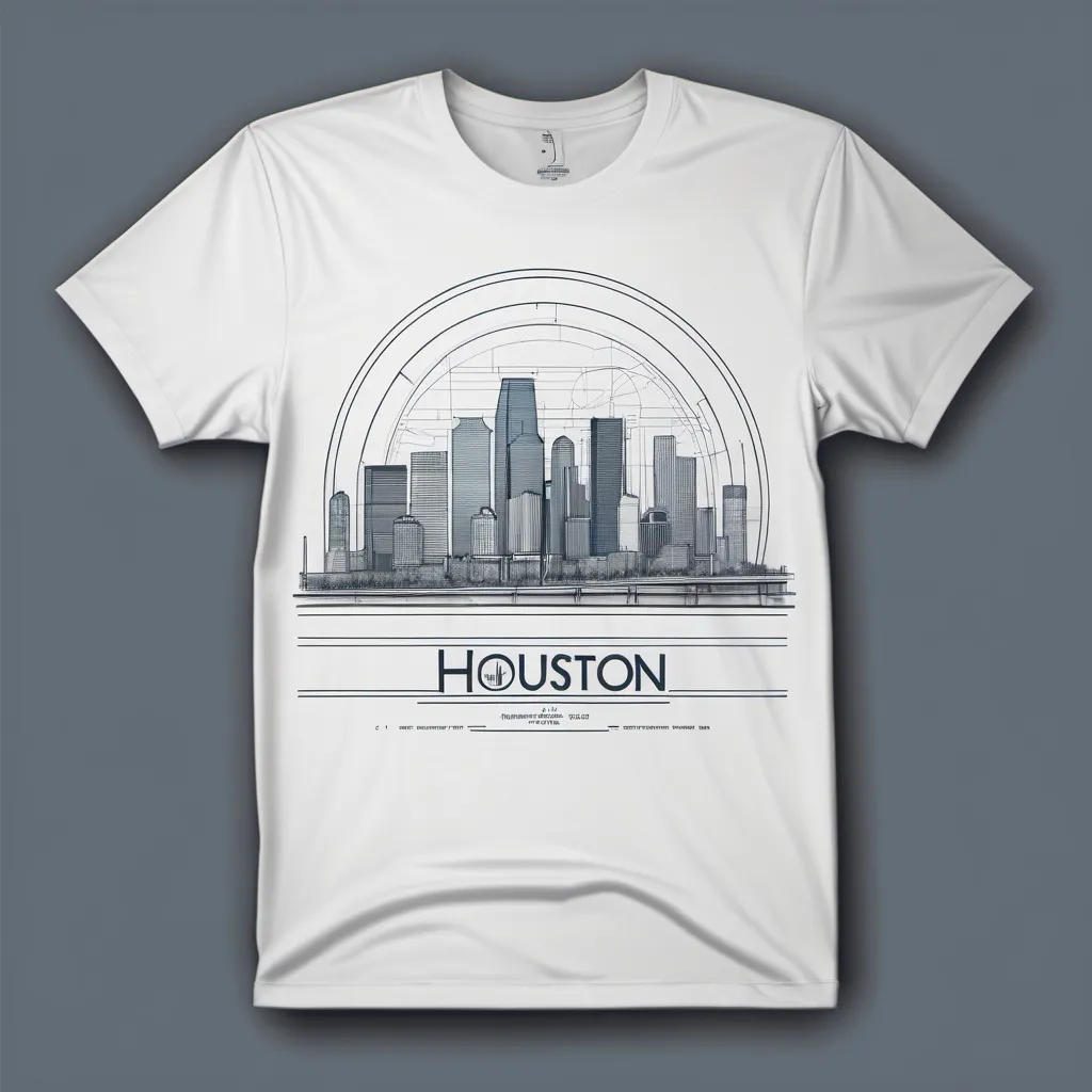 Prompt: Illustrated T-shirt design of an engineering drawing with the Houston Texas skyline in the background
