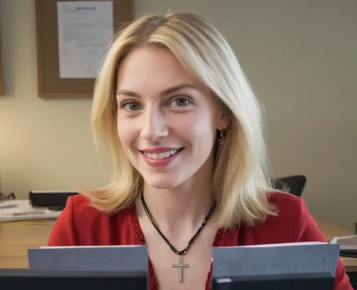 Prompt: a woman sitting at a desk with a computer monitor and papers, pens, and folders on it in an office, wearing a nice red blouse, cross necklace, hair parted on side, straight shoulder length dyed blonde hair, mouth slightly open smile, Claire Falkenstein, les automatistes, rutkowski, a flemish Baroque