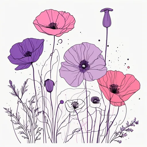 Prompt: Minimalist line drawing using the flowers violet, poppy, gladiolu and primrose with splashes of pink warercolour