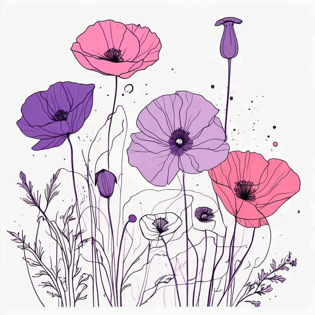 Prompt: Minimalist line drawing using the flowers violet, poppy, gladiolu and primrose with splashes of pink warercolour