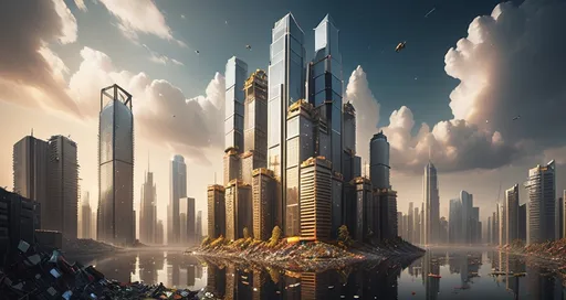 Prompt: Generate a country with many futuristic mega skyscrapers covering the entire land. water surrounding it are filled with garbage and trash.
Top of the skyscraper to add in golden light from the sky. Increase the skyscraper with 999 floors and add many similar skyscraper beside it