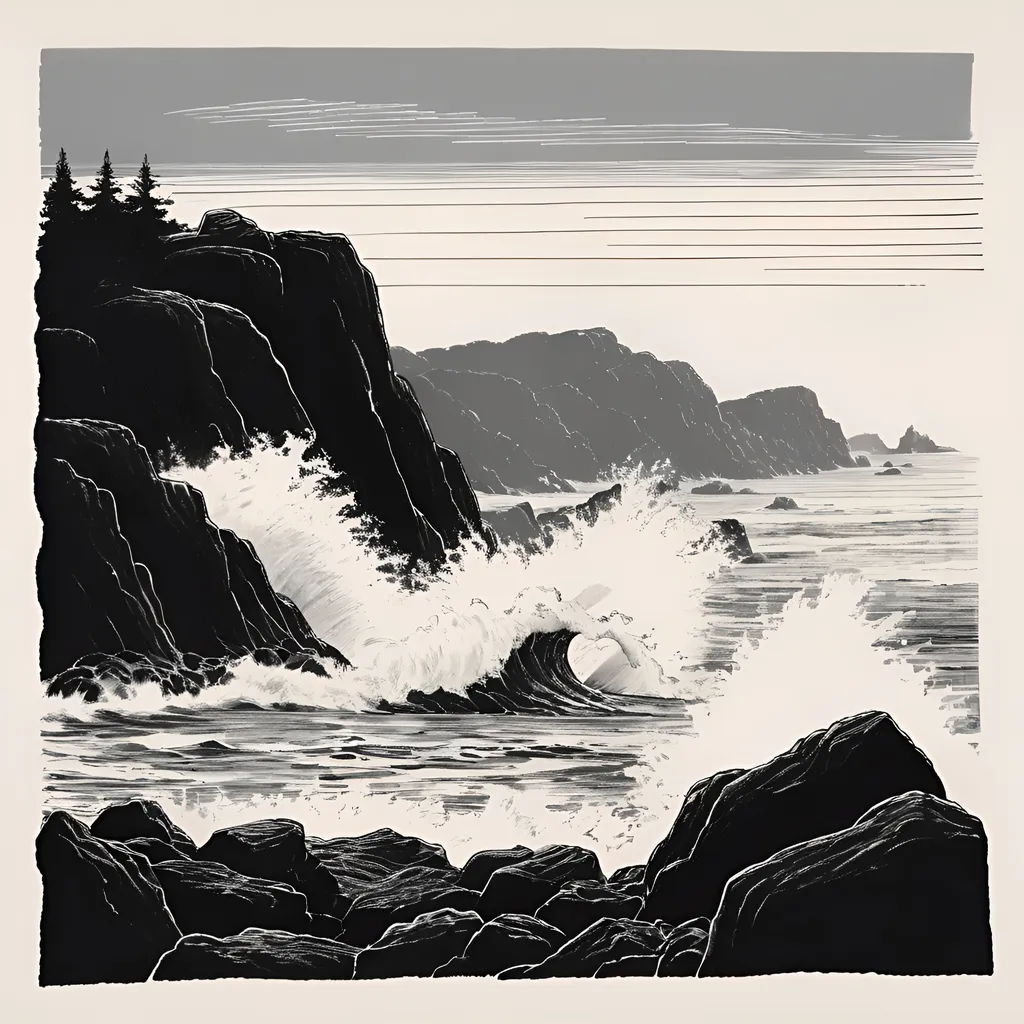 Prompt: Simple 1950s sharpie drawing black and white only of a rocky shoreline with a big wave crashing onto shoreline. No people in image.  Make room for a square in rocky shoreline to place text or a logo.  Make the shoreline lower and integrate a square in rock shapes
