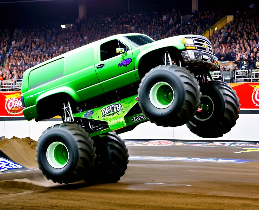 Prompt: Gravedigger Monster Truck junks over cars