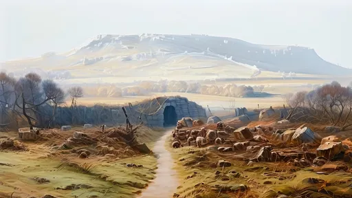 Prompt: Oil painting Rembrandt, Iron Age round at the end of the path, stone circle beyond it in the field on the left and hill fort on top of hill, cinematic light 