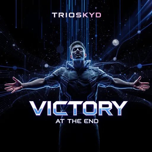 Prompt: Design a cover photo for a music single of Electro pop music, cinematic scene. Do not add any text/words apart from the ones described in this prompt. It features a nineteen-year old American male, a digital media influencer with a hybrid, digitally enhanced look, wearing a futurist attire, facing the camera with arms stretched wide, on a digitally enhanced black background with musical art showcasing AI music, enhanced with beautiful rays of blue, white, cyan etc, looking handsome and emotional. Write the title VICTORY AT THE END in Bold Letters and in extremely small font size. Also include the word TRIOsKYD in a contrasting font and color at the top. For text, use SF pro display communicating a sense of courage and victory, full body camera shot., accurate colors, clear and UHD quality features. Please make sure that this image is square, suitable for a 1500x1500 pixel cover. 