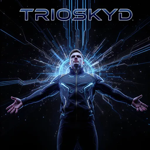 Prompt: Design a cover photo for a music single of Electro pop music, cinematic scene. Do not add any text/words apart from the ones described in this prompt. It features a nineteen-year old American male, a digital media influencer with a hybrid, digitally enhanced look, wearing a futurist attire, facing the camera with arms stretched wide, on a digitally enhanced black background with musical art showcasing AI music, enhanced with beautiful rays of blue, white, cyan etc, looking handsome and emotional. Write the title VICTORY AT THE END in Bold Letters and in extremely small font size. Also include the word TRIOsKYD in a contrasting font and color at the top. For text, use SF pro display communicating a sense of courage and victory, full body camera shot., accurate colors, clear and UHD quality features. Please make sure that this image is square, suitable for a 1500x1500 pixel cover. 