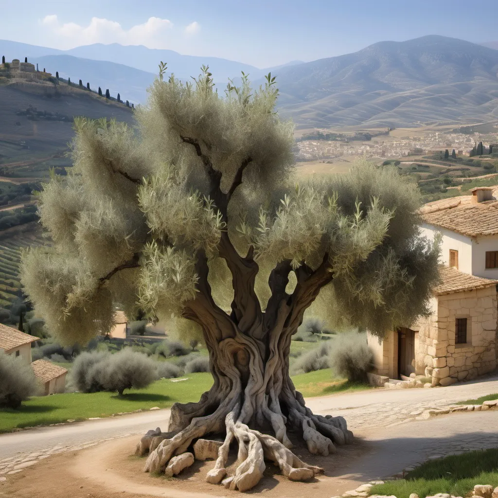 Prompt: Un olivo de más de 500 años, con un gran tronco rugoso se observa en primer plano, mientras detrás se ve un pequeño pueblo entre montañas, imagen primaveral