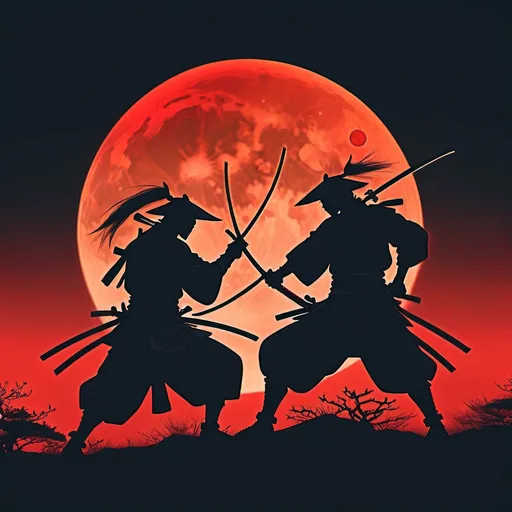 Prompt: The silhouettes of two samurais clashing with a blood red moon in the background