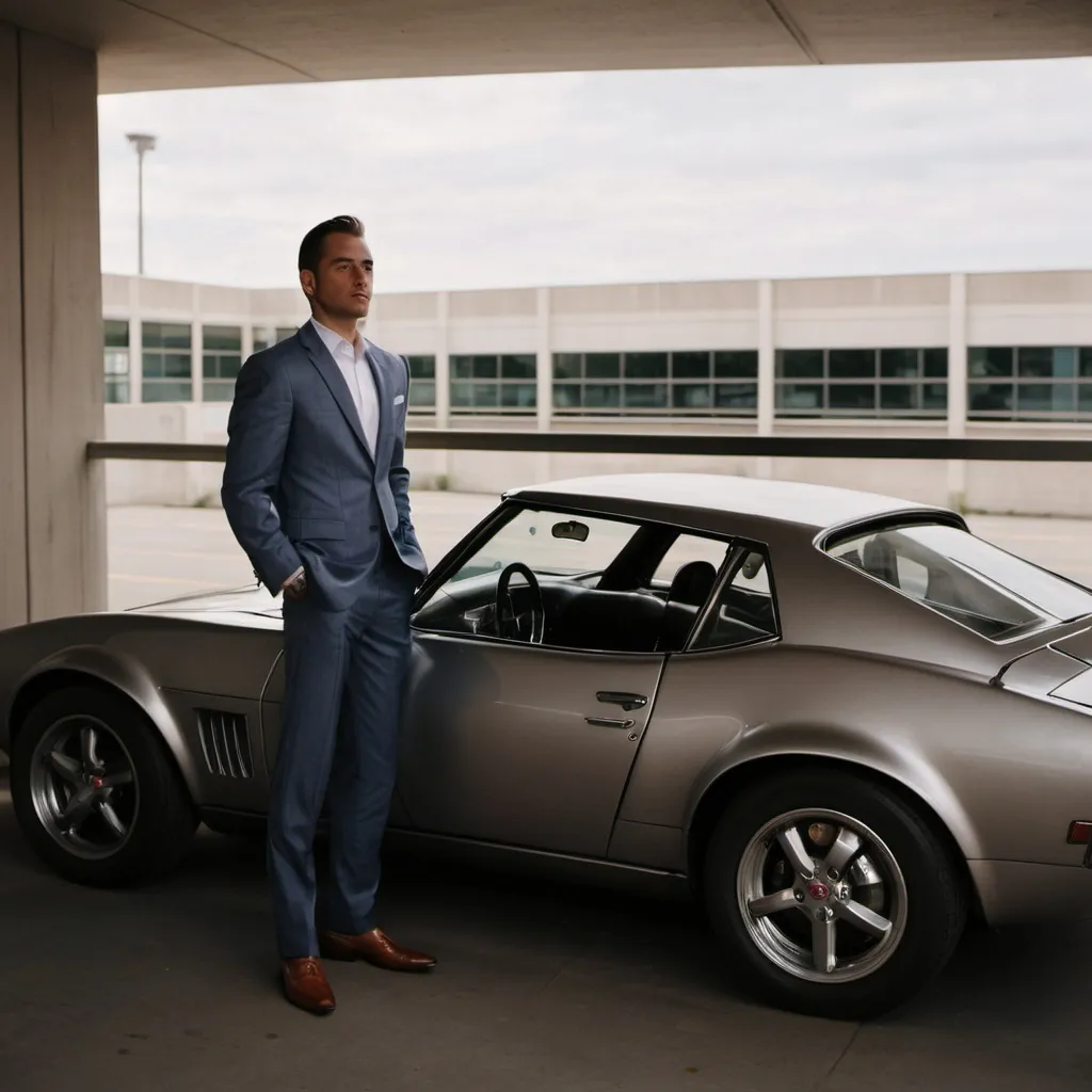 Prompt: Well-dressed man standing next to a sports car with the driver side door open on the top floor of a parking structure.