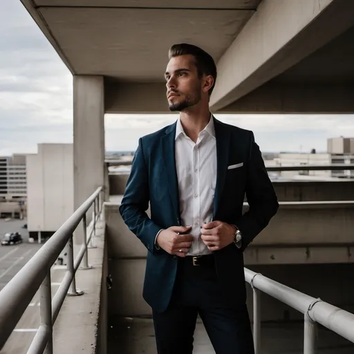 Prompt: Well-dressed man standing on the top floor of a parking structure.