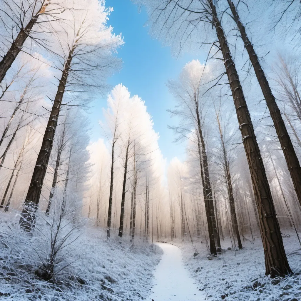 Prompt: A forest with a light snow covering on the trees and a clear blue sky