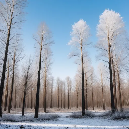 Prompt: A forest with a light snow covering on the trees and a clear blue sky seen from afar