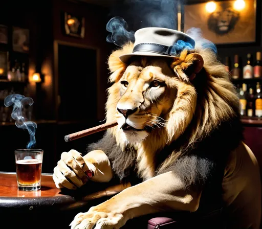 Prompt: Show this Lion drinking at a bar wearing a hat and smoking a cigar 