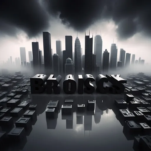 Prompt: the  words black and projects in 3D in the background is a city with many skyscrapers the weather is foggy  