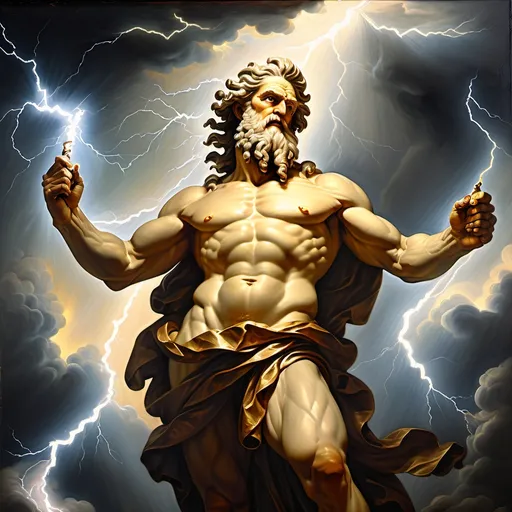 Prompt: Oil painting, powerful representation of Zeus, majestic figure touching a bolt of lightning, rich, deep hues reminiscent of Rembrandt's masterpieces, old Amsterdam, textured brushwork reflecting the Bronze Age's grandeur, dramatic lighting highlighting Zeus's dominance and divine aura, captivating historical atmosphere, ultra-detailed, 4K quality, masterpiece composition.