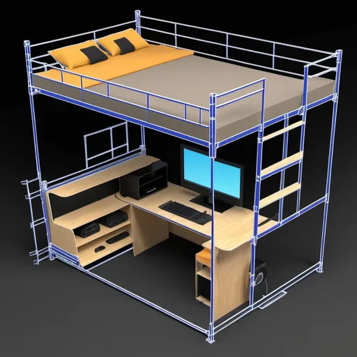 Prompt: Create a detailed CAD design of a portable easy to dismantle adult gaming bunk bed with complete streaming set up. Top area should be designed according to use as a sleeping area. Downside area should contain area to keep gaming chair, 2 monitors, camera, mic , headphones, other gadgets placement and storage area