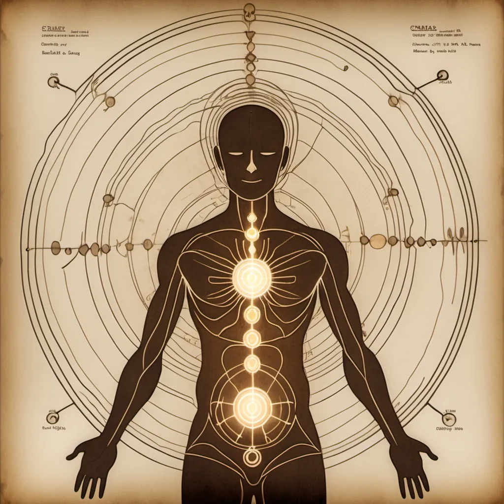 Prompt: image of an old technical drawing of a human silhouette with no face, showing chakras, surrounded by an electromagnetic field, with energy rays from his heart, all in old sepia tones