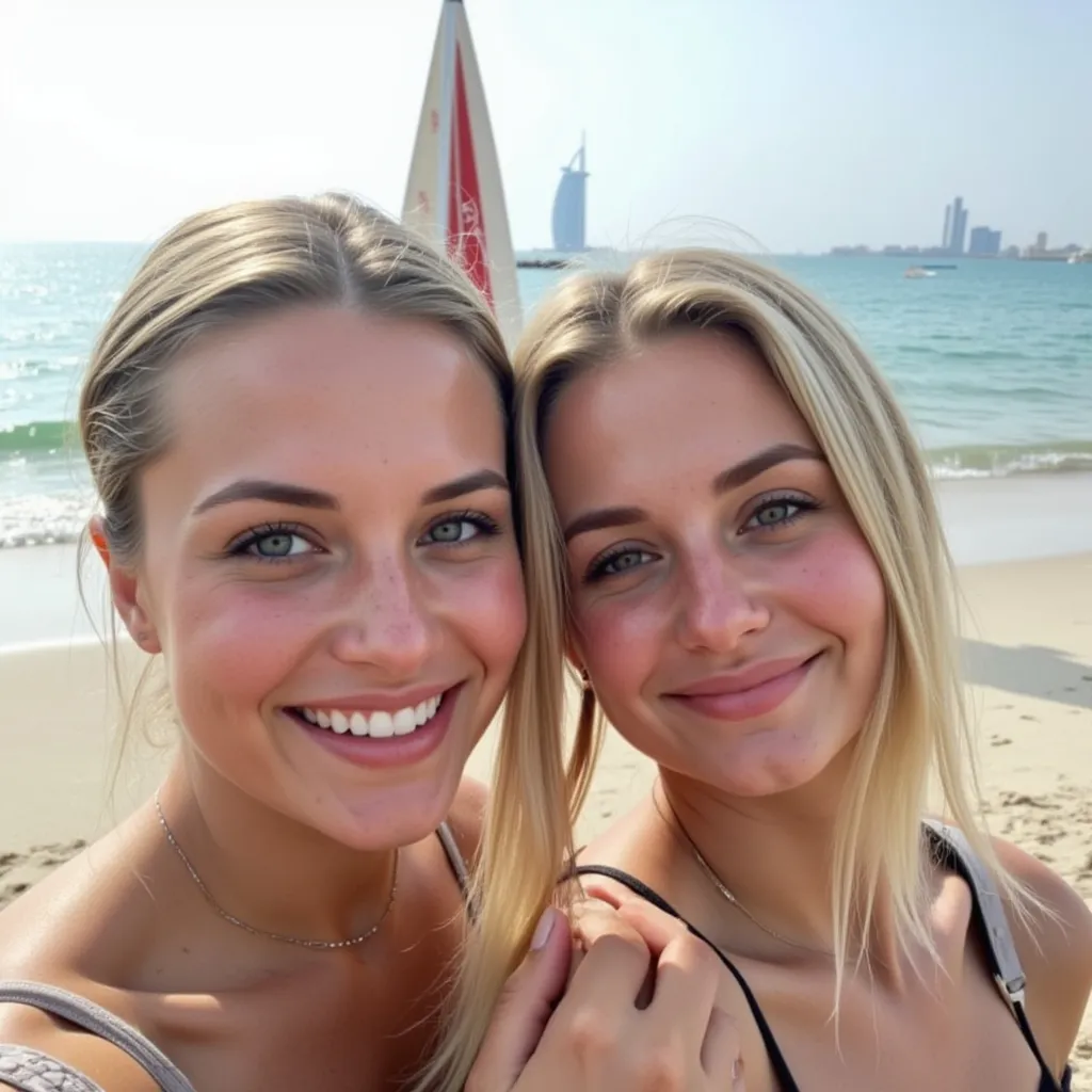 Prompt: Happy to be getting along with her best friend at a beautiful beach in Dubai