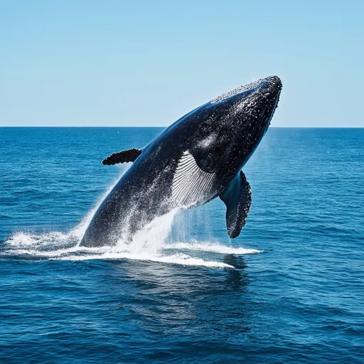 Prompt: a big whale jump out of the sea  and blowing up water sprouts on a hot day