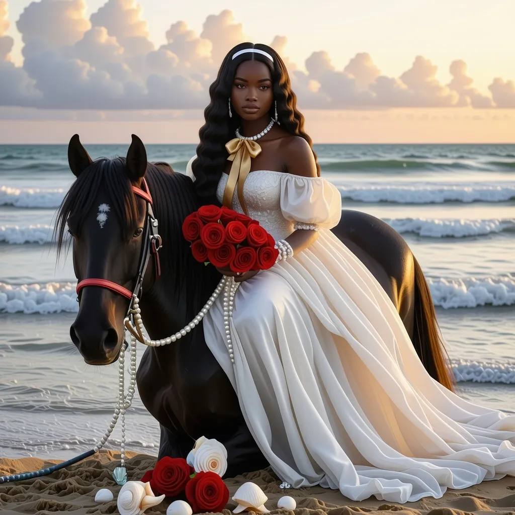 Prompt: young black lady with light hazel eyes dressed in a long white gown with a golden bow in her long wavy hair and white pearls on her neck, sitting on a black horse on the  seashore holding  light red roses and pearls with  seashells and gems at her feet and the sun shining upon her