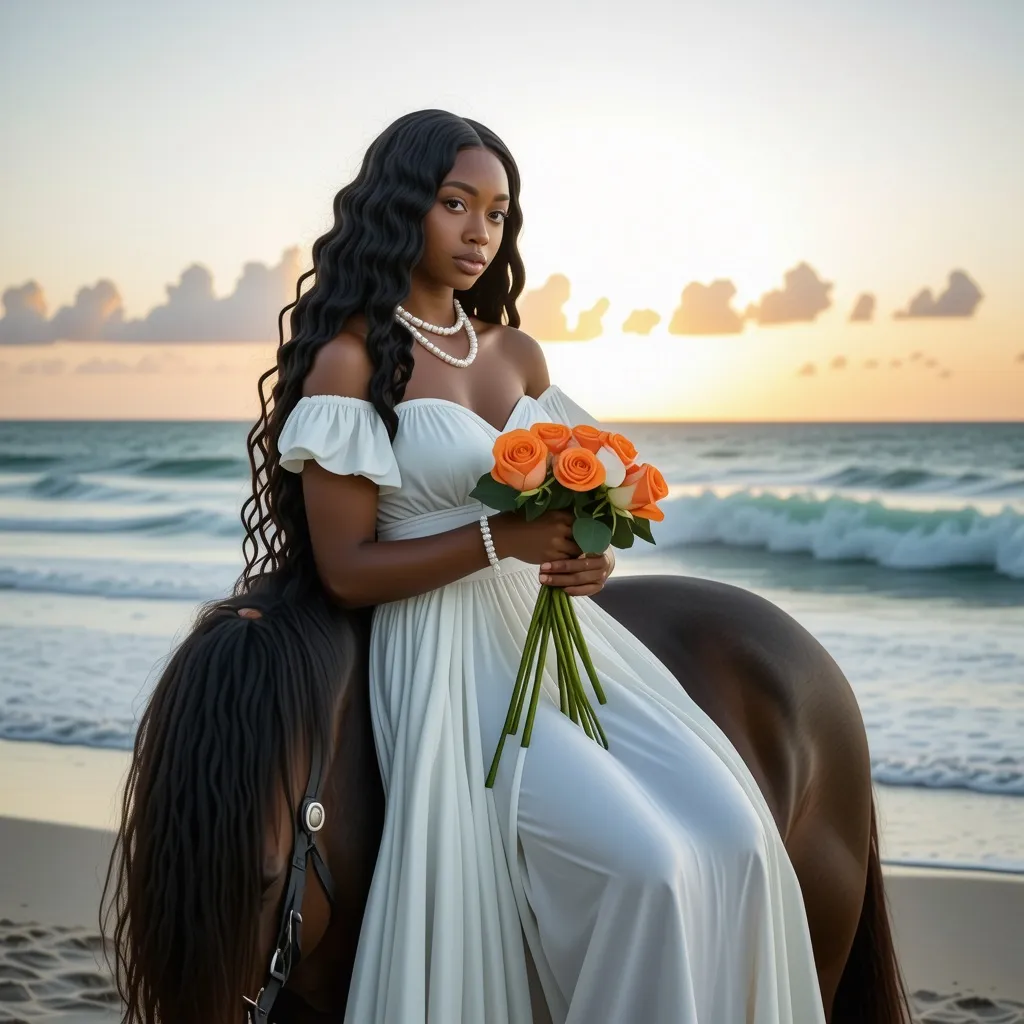 Prompt: young black lady with light blue eyes dressed in a long white gown with  long, black wavy hair and white pearls on her neck, sitting on a brown horse on the  seashore holding  light orange roses  with  seashells and gemstones at her feet and the sun shining in the sky