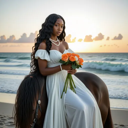 Prompt: young black lady with light blue eyes dressed in a long white gown with  long, black wavy hair and white pearls on her neck, sitting on a brown horse on the  seashore holding  light orange roses  with  seashells and gemstones at her feet and the sun shining in the sky