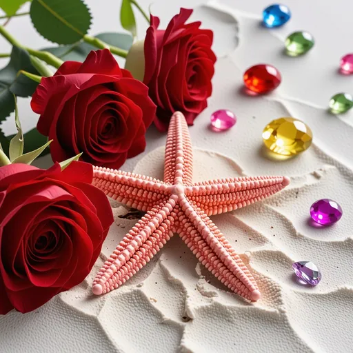 Prompt: a pink starfish on the beach sand with red and yellow roses and colorful gemstones and glass diamonds sparkling in the bright shining sun 