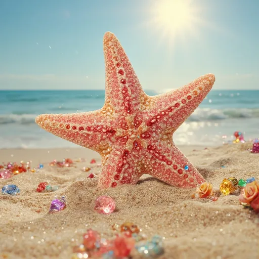 Prompt: a pink and beige starfish on the beach sand with red and yellow roses and colorful gemstones and glass diamonds sparkling in the bright shining sun 