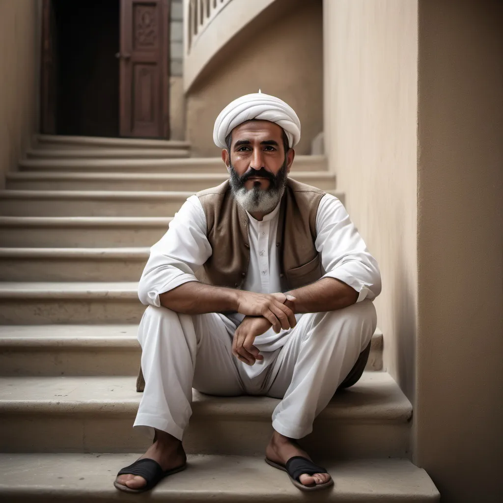 Prompt: a man sitting on a set of stairs with his feet crossed and his hand on his chin, with his feet on the ground, Altoon Sultan, hurufiyya, professional photo, a character portrait