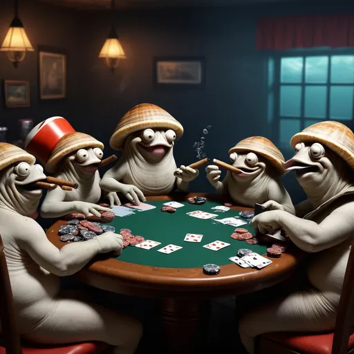Prompt: Slaphappy mollusks playing poker at a table with clams as chips and cigars in there mouths
