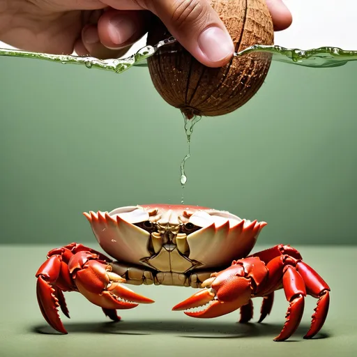 Prompt: Un opened bottle with coco nut crab attempting to pop it open
