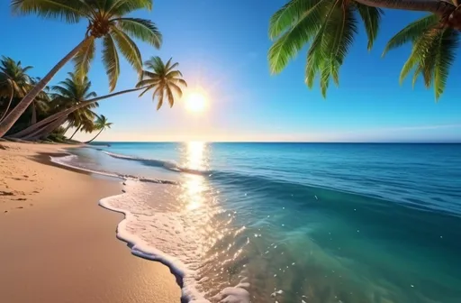 Prompt: (empty beach), (palm tree near camera), serene blue-greenish sea, gentle waves, (slight glow) on water surface, vibrant fish swimming beneath, clear sky in the background, tranquil atmosphere, peaceful and inviting, soothing ambiance, soft sunlight filtering through, high detail, (4K resolution), ultra-detailed scene with exquisite textures.