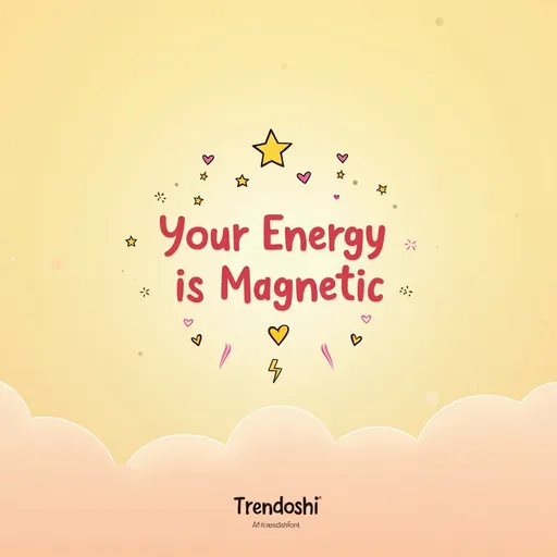 Prompt: "Design an uplifting Instagram post for Trendoshi in 4K resolution with a pastel gradient background, such as peach blending into golden yellow. Use a playful rounded font like 'Baloo' for the affirmation: ‘Your Energy is Magnetic ✨.’ Add doodles like stars, hearts, and sparkles to emphasize positivity. Place the Trendoshi logo in the bottom-right corner."