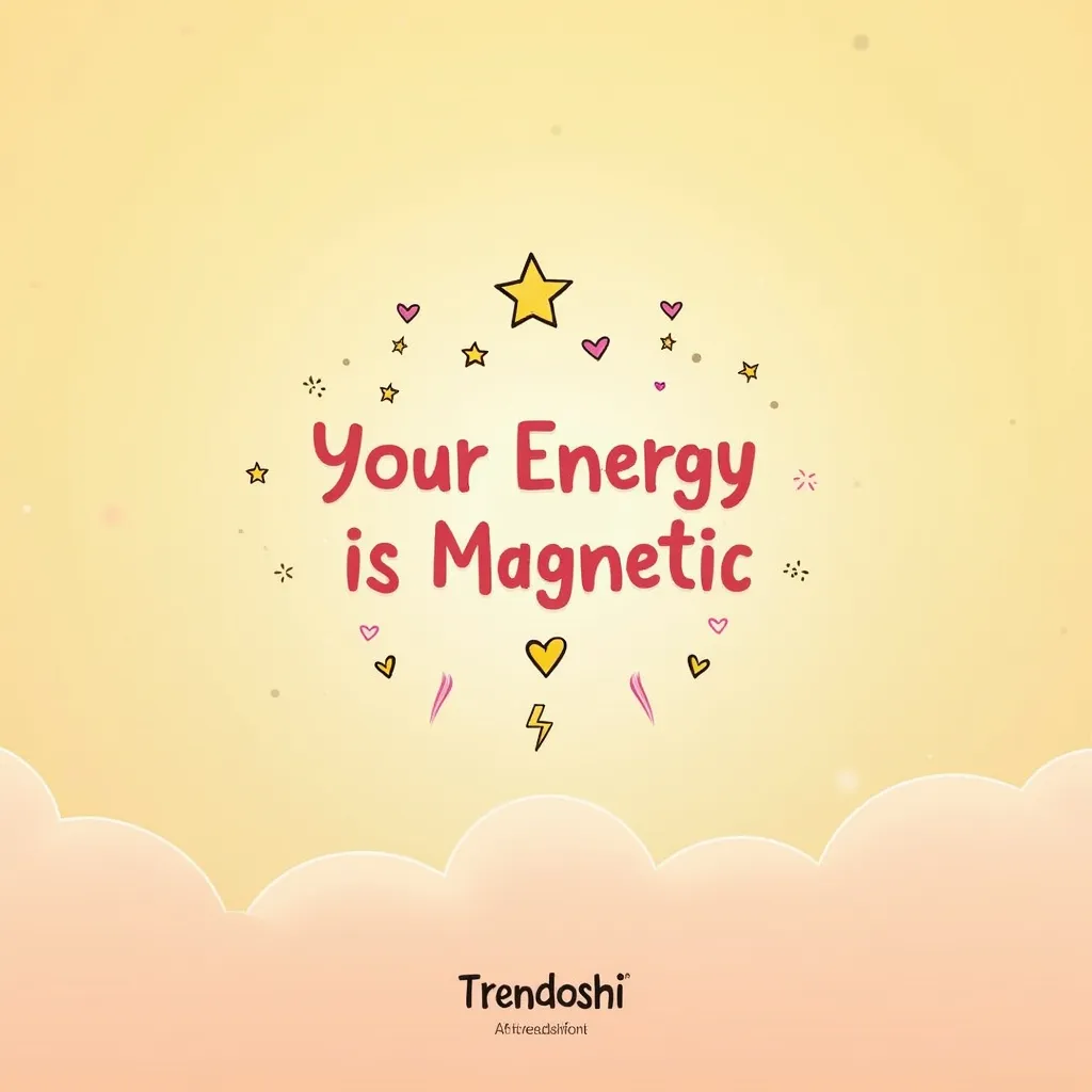 Prompt: "Design an uplifting Instagram post for Trendoshi in 4K resolution with a pastel gradient background, such as peach blending into golden yellow. Use a playful rounded font like 'Baloo' for the affirmation: ‘Your Energy is Magnetic ✨.’ Add doodles like stars, hearts, and sparkles to emphasize positivity. Place the Trendoshi logo in the bottom-right corner."