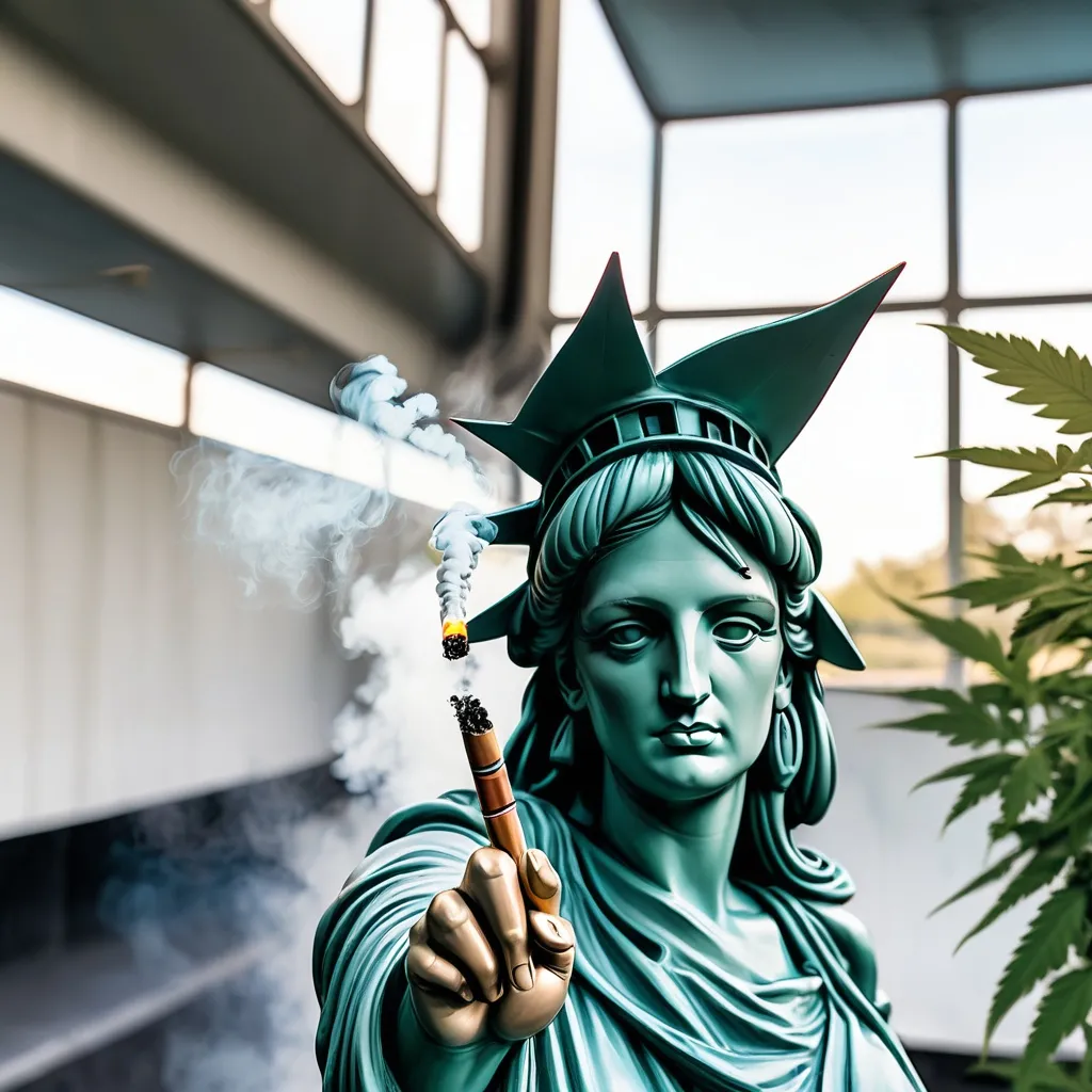 Prompt: statue de la liberté entrain du fumer une cigarette dans un champ de cannabis avec un grand ciel bleu 
