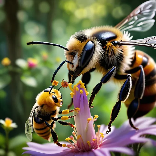 Prompt: A bee feeding of a exagerated flower. more unfocused on the forest backround and more focused on the feeding bee.