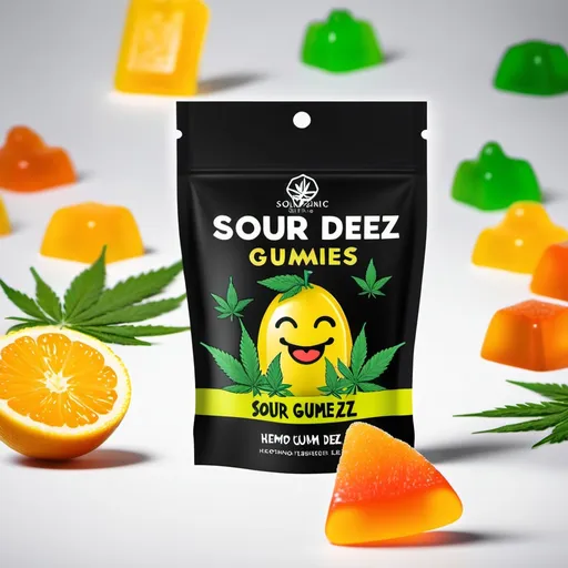 Prompt: Create a packaging design including logo for a brand of organic, hemp-derived thc gummies called Sour Deez with flavors such as lemon, tangerine, watermelon.  Minimize use of marijuana leaf as this is intended for a more mainstream audience.  The package should be a pouch style holding 10 gummies.