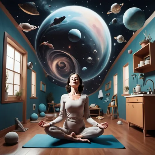 Prompt:  A brunette housewife doing yoga in outer space with house work surrounding her in the a surrealist style

